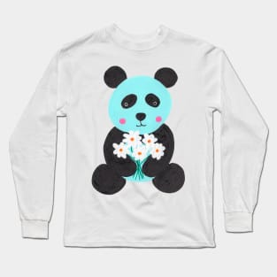 Blue panda holding flowers gouache painting Long Sleeve T-Shirt